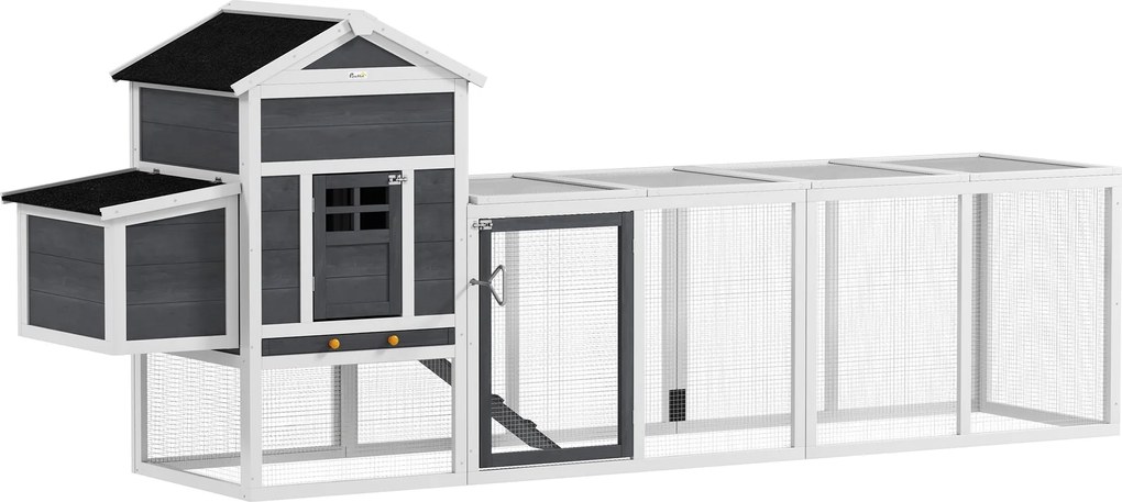 PawHut Kültéri Tyúkól Fa Tyúkól Nagy Kifut 3-6 Tyúk számára Fészekdobozzal Aszfalt Tetővel Levehető Tálcával és Rámpával 297,5x68x118 cm Szürke és Feh