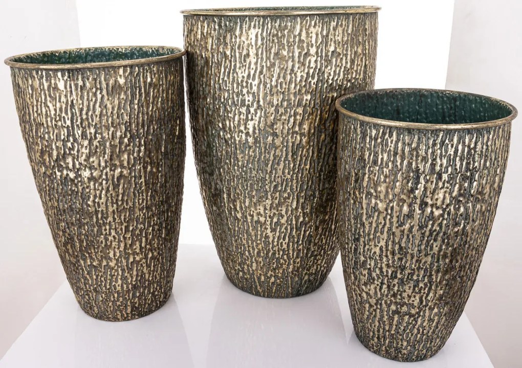 Kaspó 3 db-os szett, arany, zöld fém 61x41x41; 54x34x34; 46x28x28cm