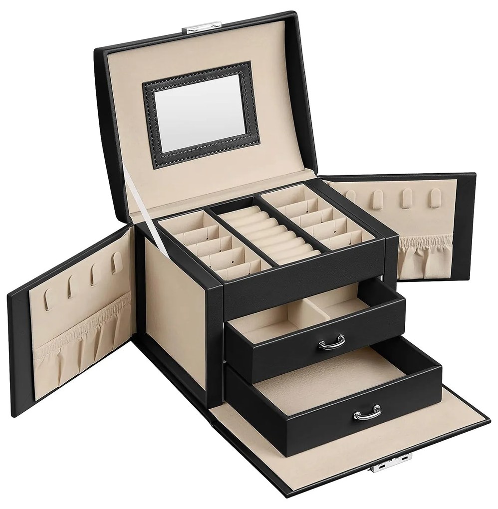 Ékszerdoboz, zárható ékszertartó 2 fiókkal, fekete