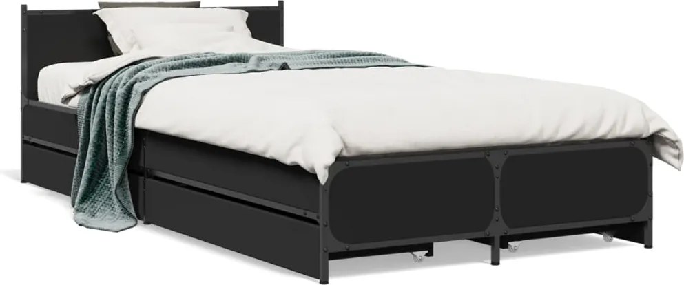 vidaXL fekete szerelt fa ágykeret fiókokkal 75x190 cm