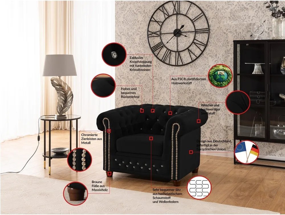 Fekete bársony chesterfield fotel York Blik – Ropez