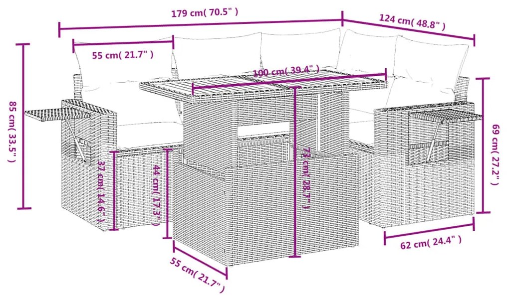 5 részes szürke polyrattan kerti ülőgarnitúra párnákkal