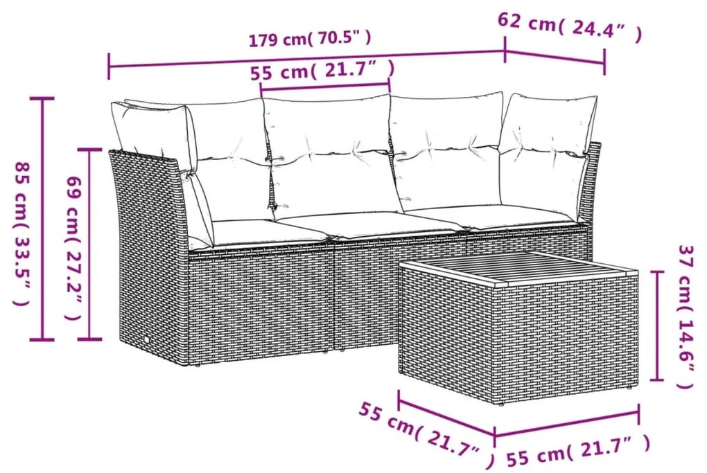 4 részes bézs polyrattan kerti ülőgarnitúra párnákkal