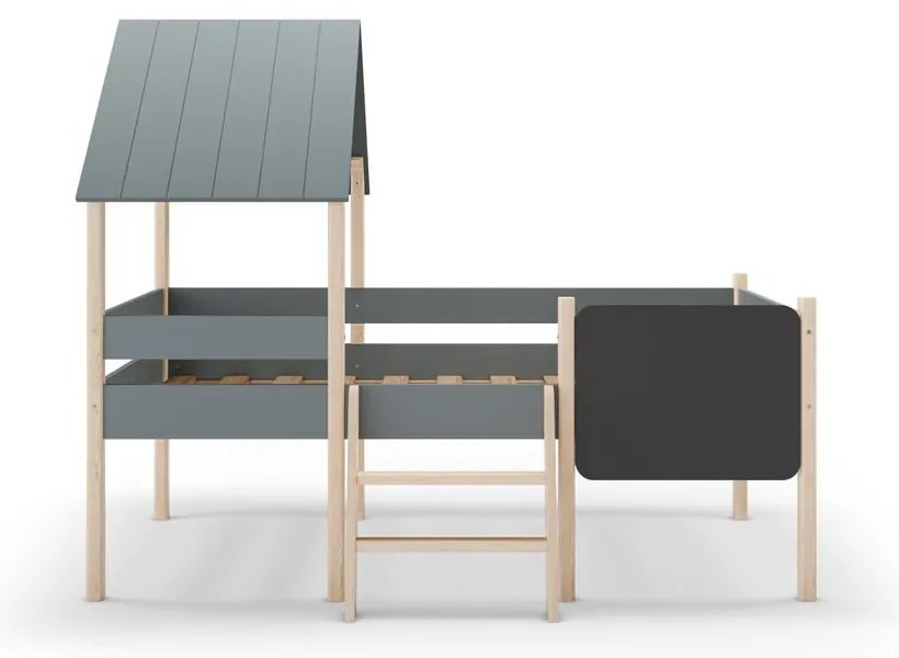 Szürkészöld borovi fenyő házikó alakú-galéria gyerekágy ágyráccsal 90x190 cm Mint – Marckeric