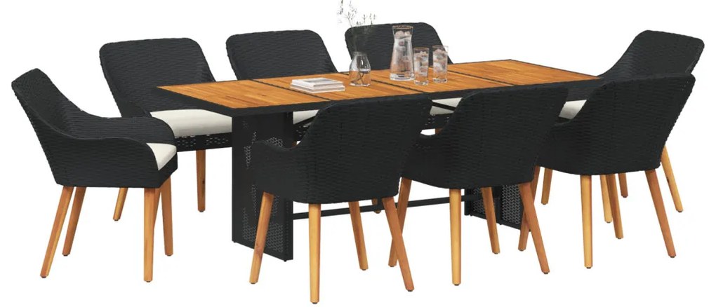 9 darabos kerti étkezőszett fekete polyrattan