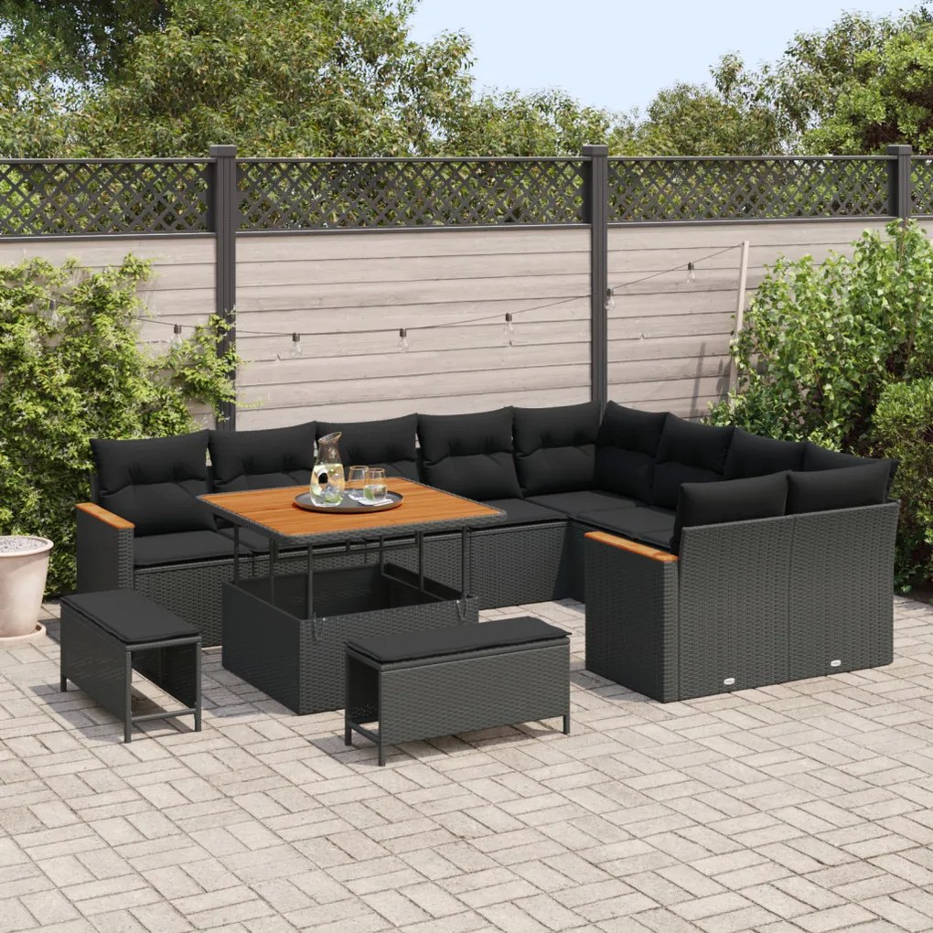 12 darabos kerti sofa szett párnákkal fekete poli rattan akácfa, 3 darabos kerti étkező szett párnákkal fekete poli rattan akácfa