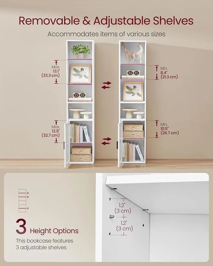 Könyvespolc, 6-szintes Magas Könyvespolc ajtóval,  24 x 31,8 x 175 cm, Felhőfehér
