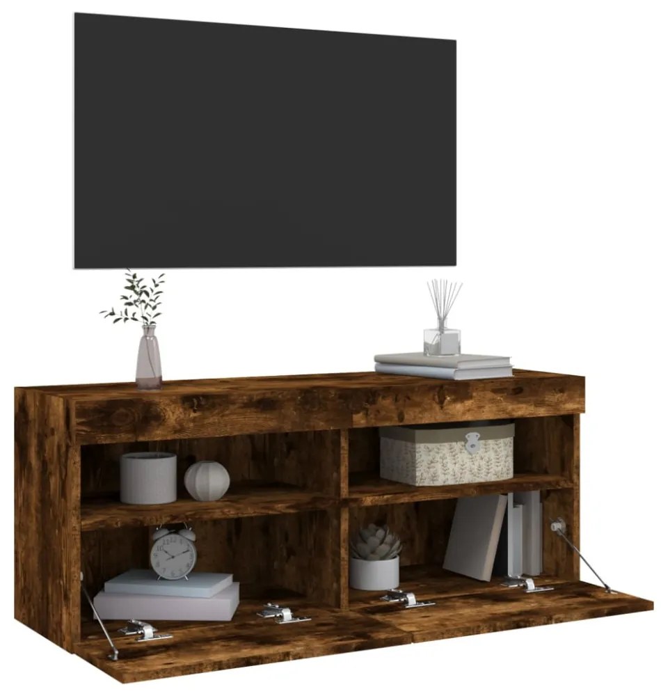 füstös tölgy színű fali TV-szekrény LED-ekkel 100x30x40 cm