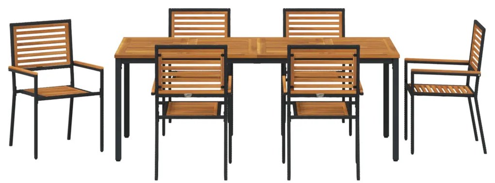 7 darabos kertivacsora készlet fekete polirattan akáccal, összecsukható kertiszék párnákkal 2 db fekete polirattannal, kertasztal 200x90x75 cm tömör akácfából és fémből