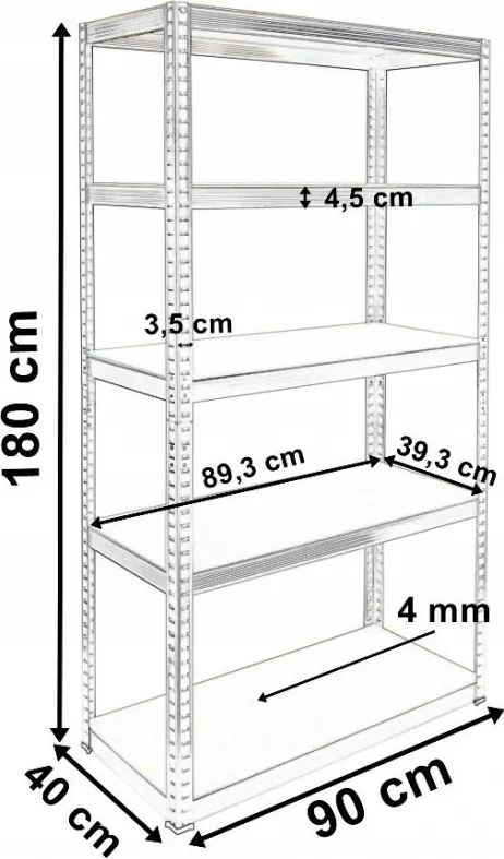 Álló polc, fém, 180X90X40, 175 kg / polc
