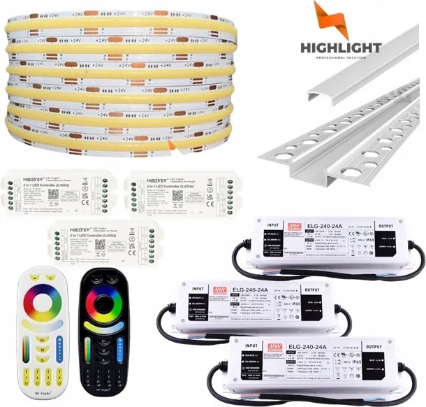 40m Homlokzati szett Led szalag Cob Cct 16W 24V IP65 Profil GK6-3 Ezüst