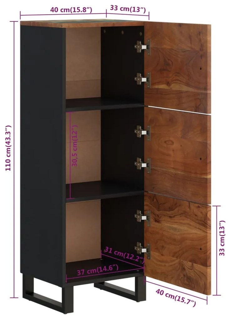 3 ajtós tömör újrahasznosított fa és vas szekrény 40x33x110 cm