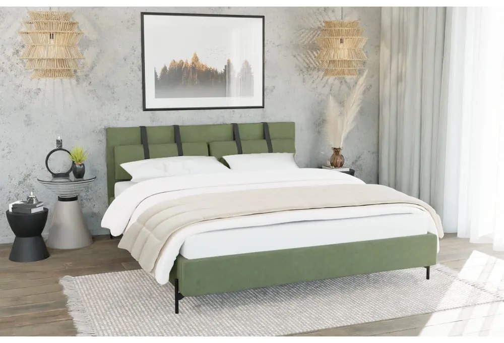 Zöld kárpitozott franciaágy ágyráccsal 180x200 cm Tulsa – Ropez