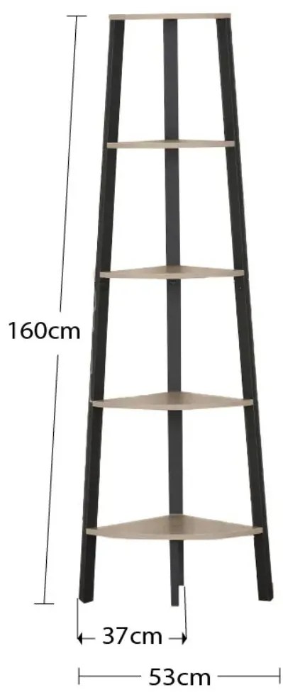 KÉSZLETKISÖPRÉS! Intenso Home 5 szintes sarokpolc / könyvespolc / virágtartó állvány 37 x 160cm, modern tölgy szín | Döntött design fém lábakkal