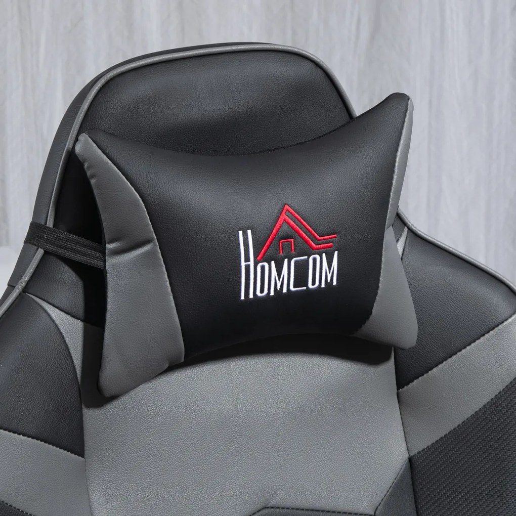 HOMCOM Gamer szék, masszázs funkció, dönthető háttámla, lábtartó, 120 kg-ig, acél keret, műbőr, szürke