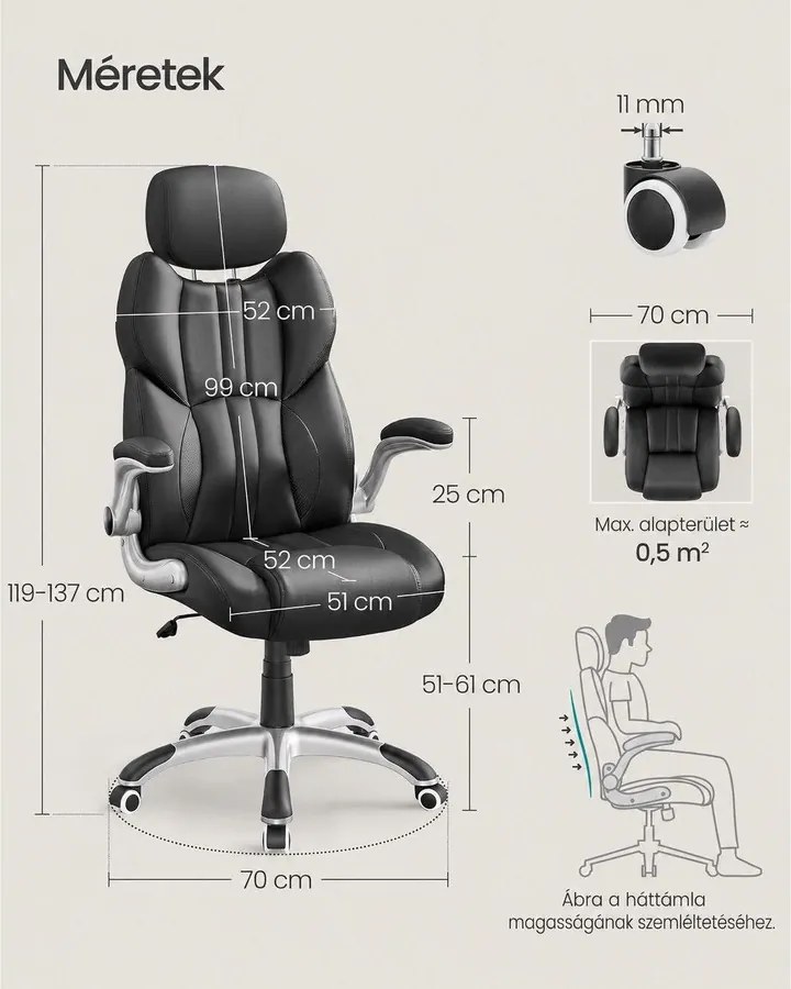 SONGMICS STEVON ergonomikus irodai és gamer forgószék, állítható fejtámlával, felhajtható karfákkal, max. 150 kg, fekete