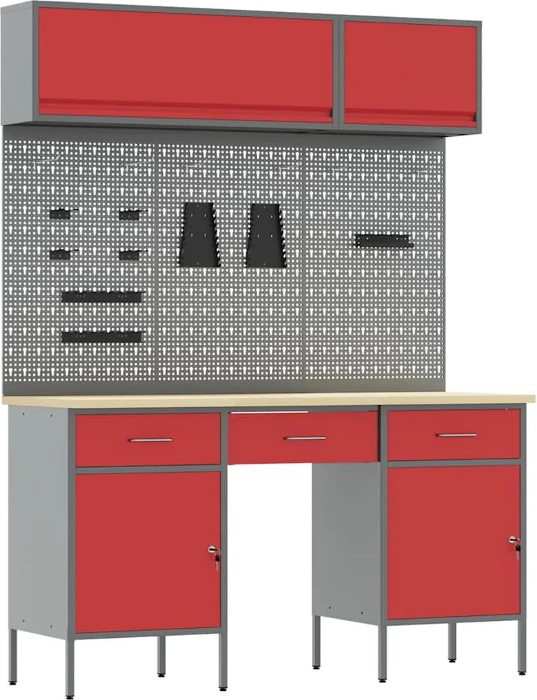 vidaXL Munkaszekrény Készlet 8 pcs Piros Porszórt Acél és Mérnöki Fa