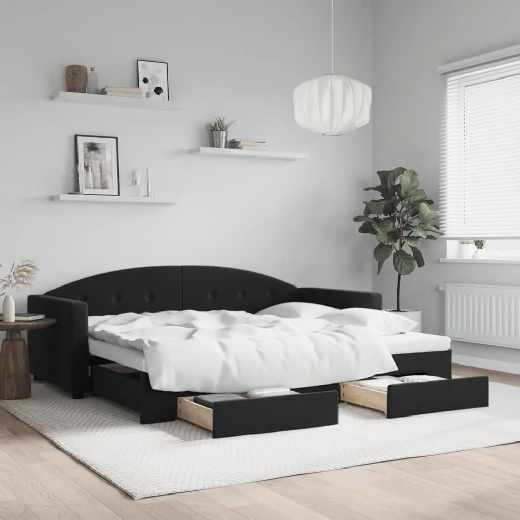 fekete kihúzható bársony heverő fiókkal 90 x 190 cm