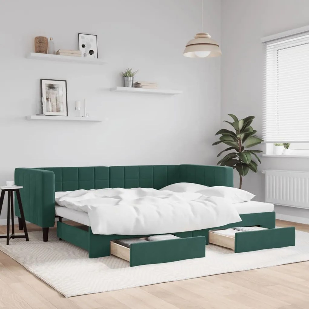 sötétzöld kihúzható bársony heverő fiókkal 90 x 200 cm