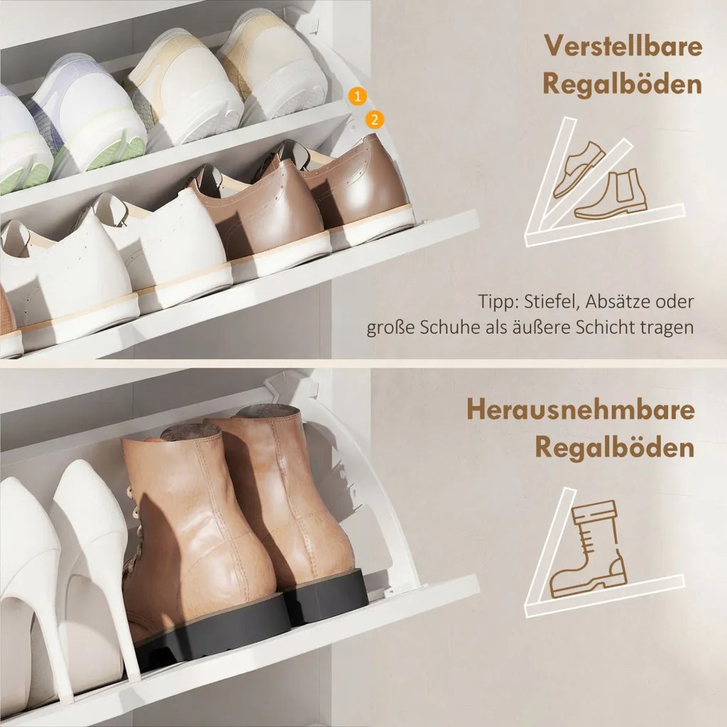 HOMCOM Cipőszekrény, cipőtartó, cipőtároló, 3 rekesz, 18 pár cipő, fehér-natúr