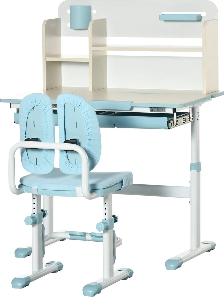 HOMCOM Gyerek Iskolai Íróasztal Székkel 3-12 Éveseknek, Állítható Magasság, Dönthető Felülettel és Párnázott Ülésekkel, Acél és MDF, Kék | Aosom