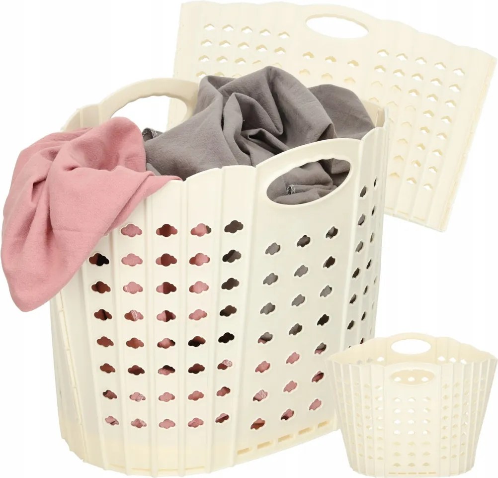 Szennyestartó kosár összecsukható fürdőszobai rendszerező fogantyúval krémszínű