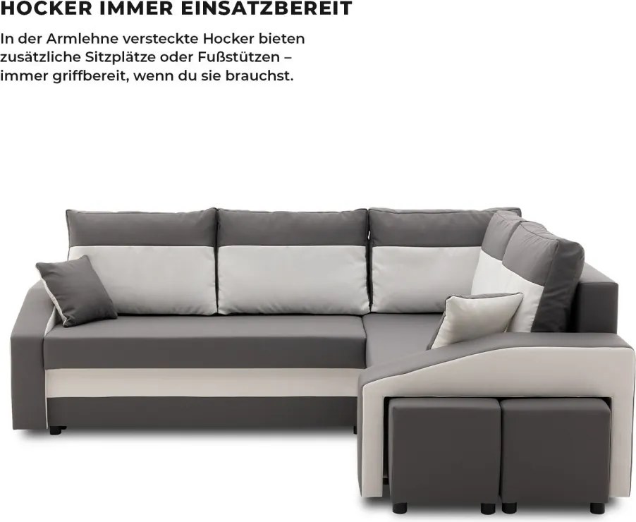 Grande sarokkanapé polcokkal és puffokkal , polc a bal karfaban puffok a jobb karfaban, jobboldali, szövet anyag, hab töltet, szürke - fehér