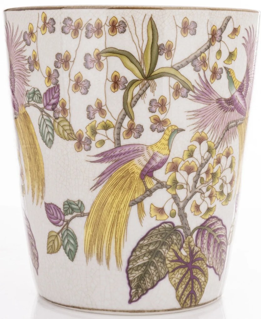 Törtfehér vintage szögletes porcelán virágtartó kaspó pávákkal festve 15x14x14cm