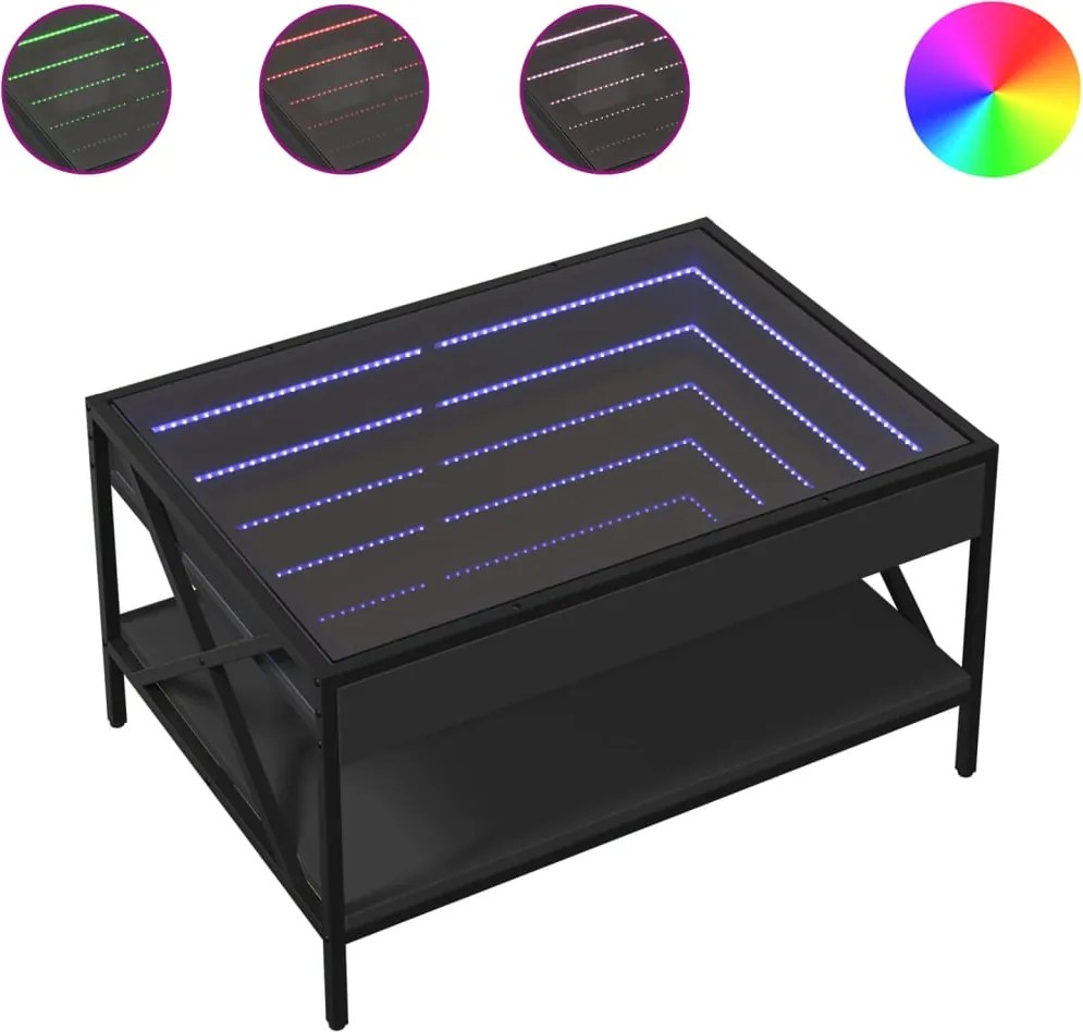 vidaXL fekete végtelen hatású LED-es dohányzóasztal 70 x 50 x 38 cm