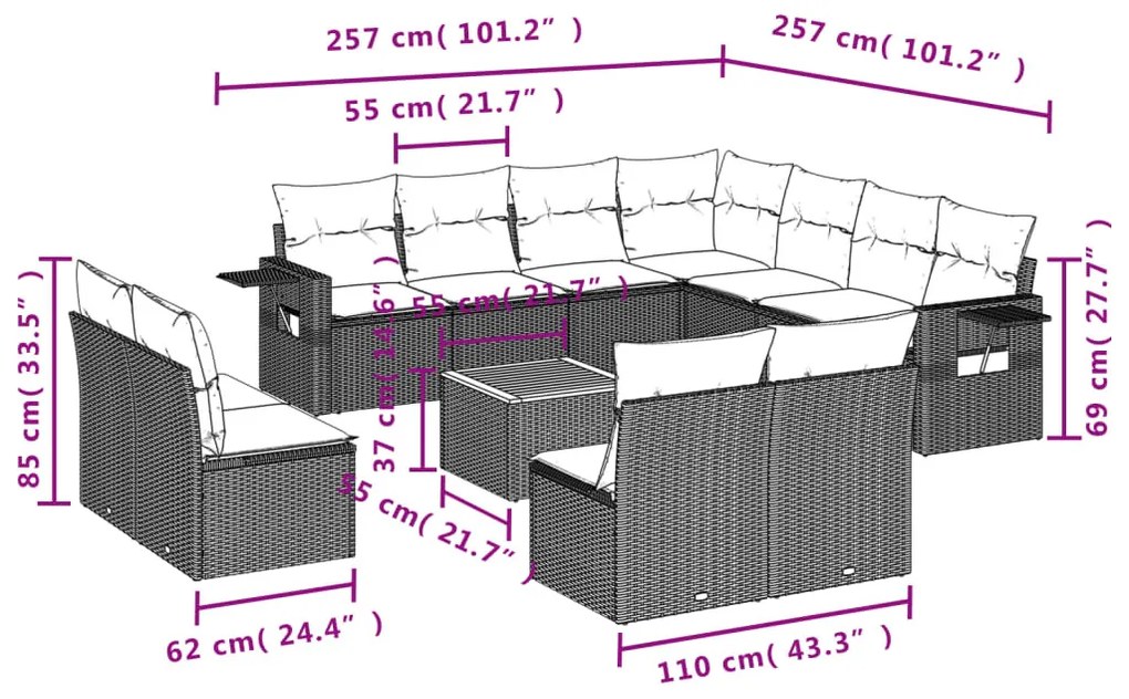 12 részes vegyes bézs polyrattan kerti ülőgarnitúra párnákkal