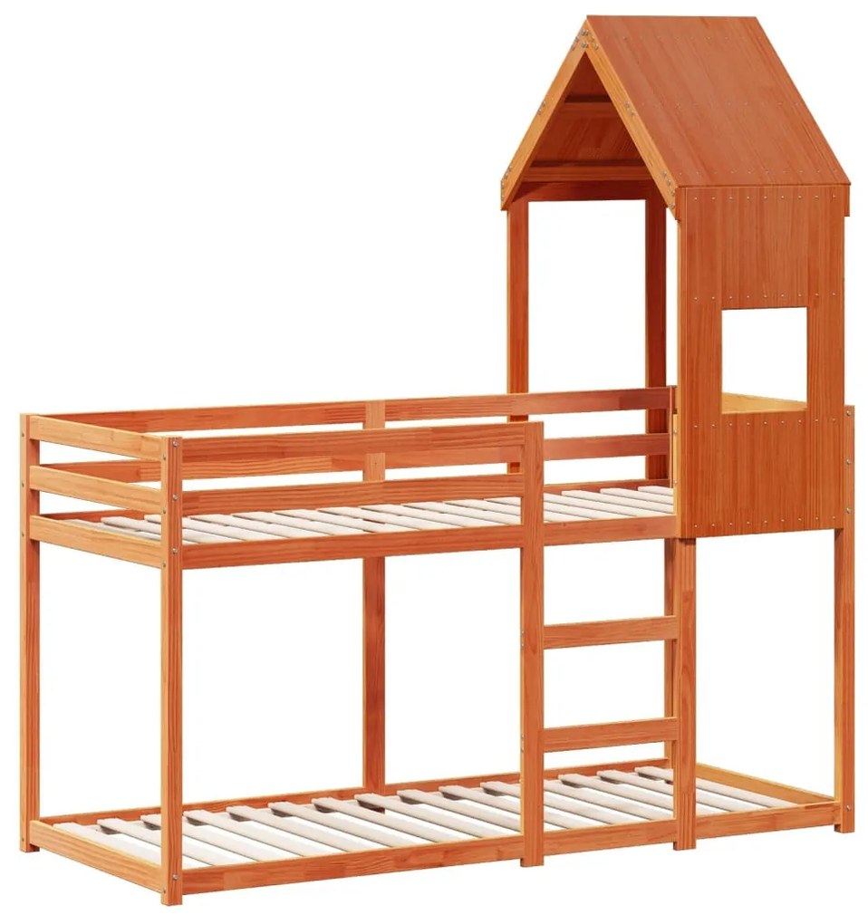 viaszbarna tömör fenyőfa ágy emelettel és tetővel 75 x 190 cm
