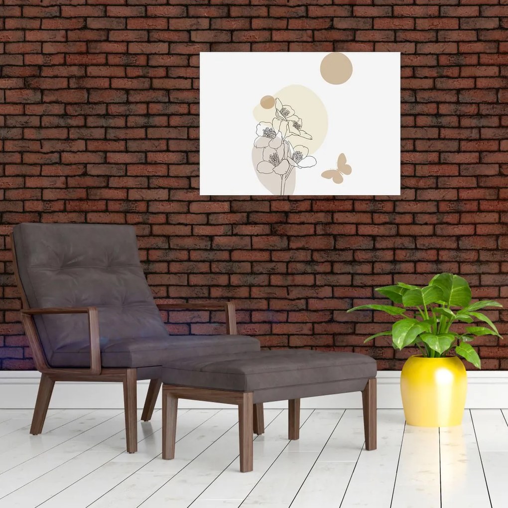 Üveg kép - Bézs virágok pillangóval N⁰4 (70x50 cm)