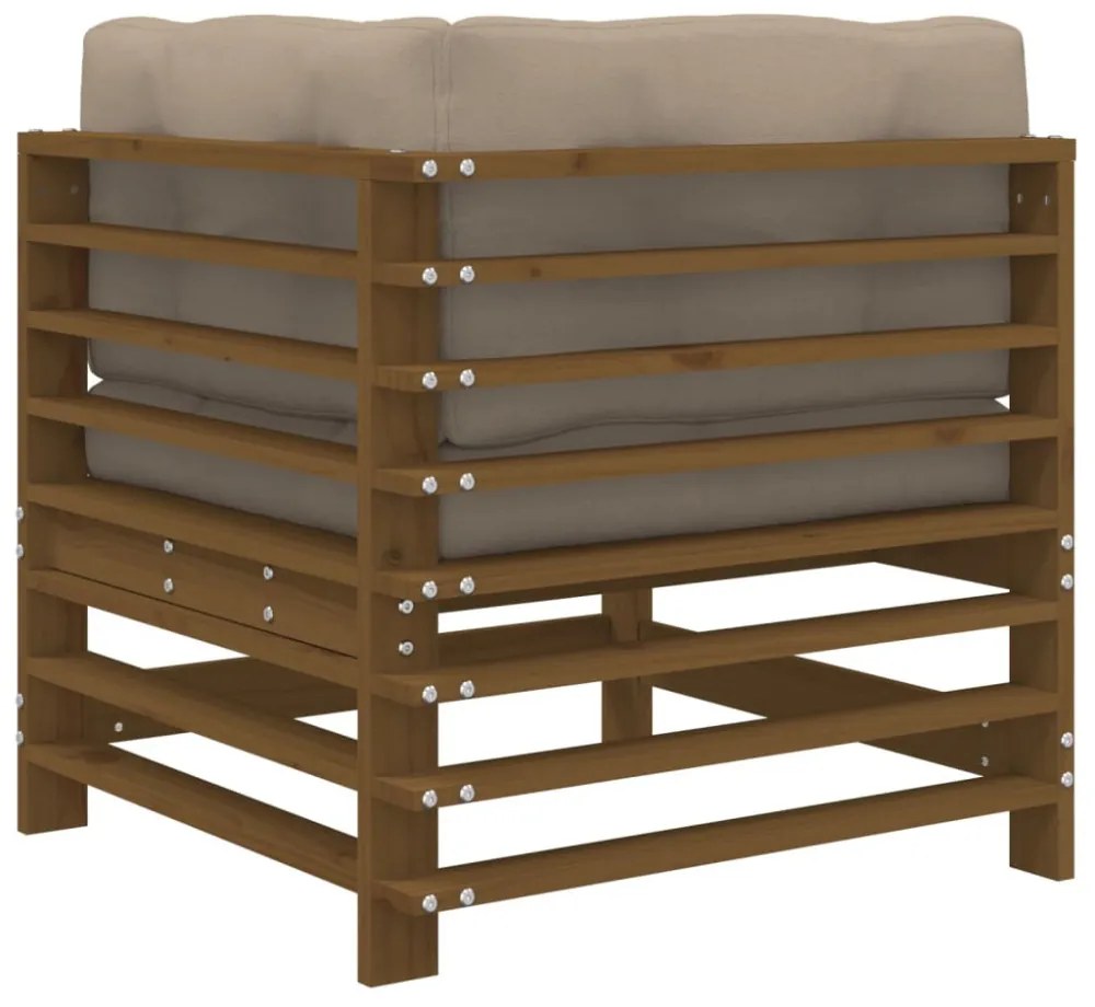 2 db mézbarna tömör fenyőfa sarokkanapé párnákkal