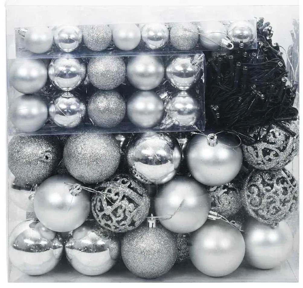 Karácsonyi Díszgömb Készlet 300 LED-del 120 pcs Ezüst Műanyag