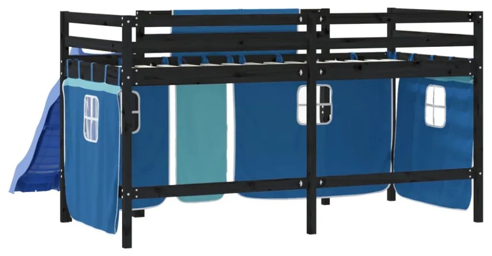 kék tömör fenyőfa gyerek galériaágy függönnyel 80 x 200 cm