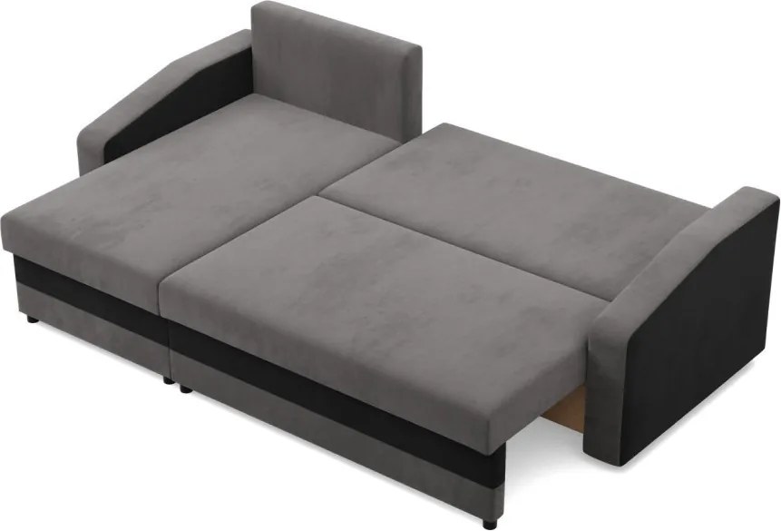 Hewlet sarokkanapé, 2 ágyneműtartóval, szövet anyag, univerzális oldal, hab töltet, szürke - fekete