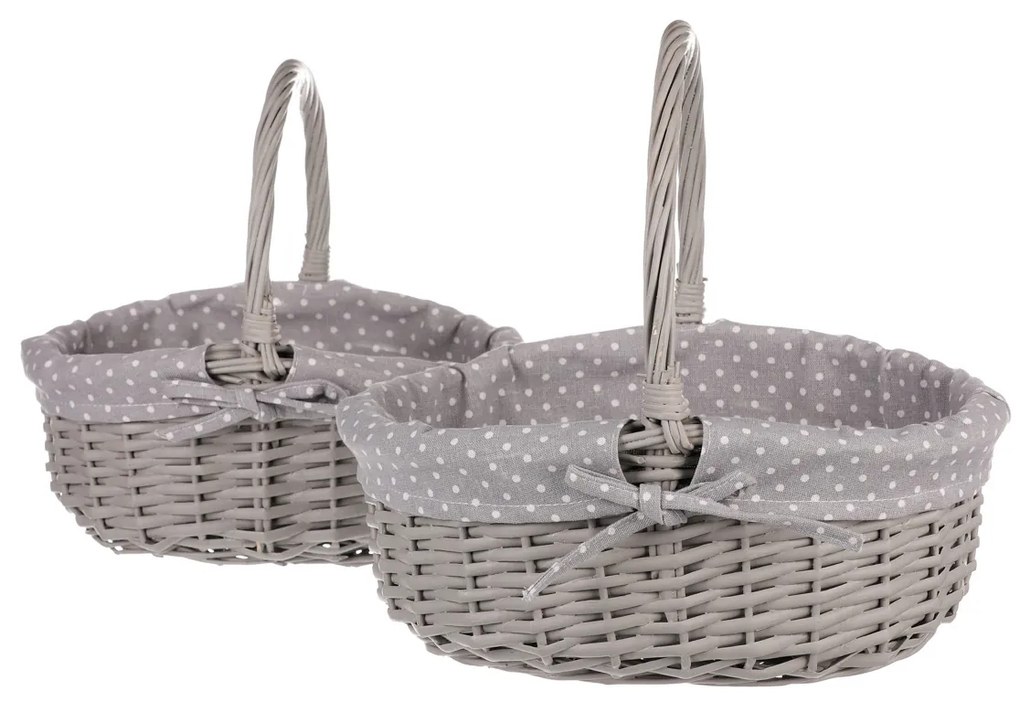 Szürke pöttyös fonott kosár készlet, anyaggal, 2 db, 2 méretben, 31 x 28 x 26 cm