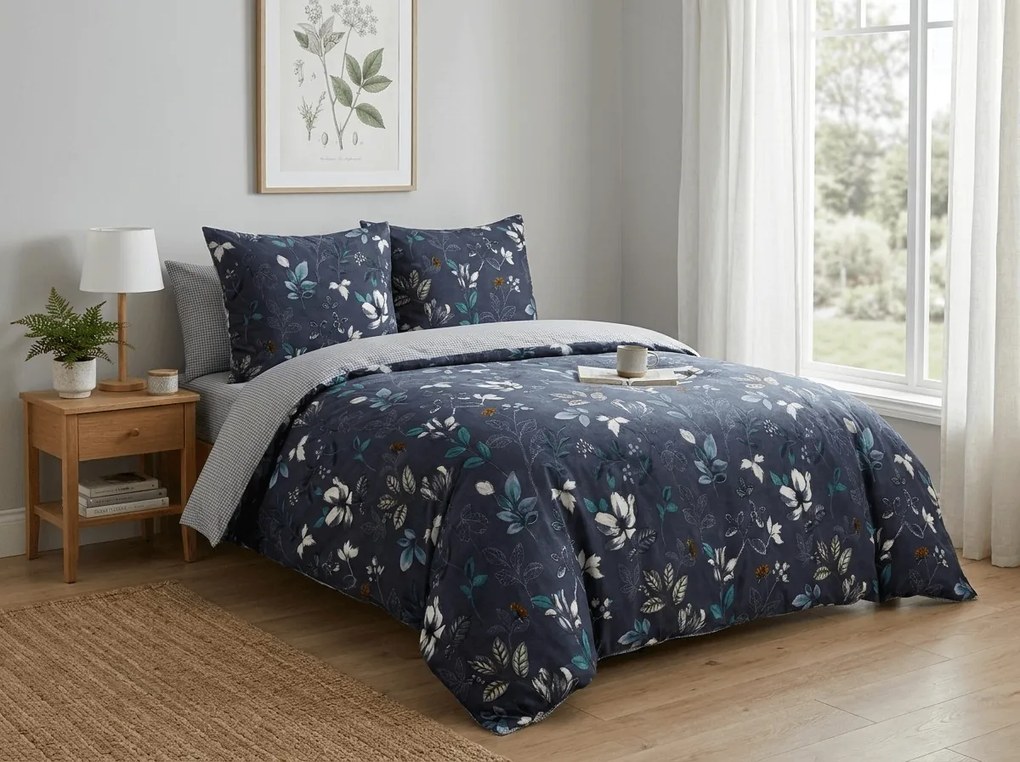 Kétoldalas ágynemű DUO SENSE NOCTIFLORA sötétkék mikroplüss/flanel Ágyneműhuzat mérete: 2 db 70 x 90 cm | 200 x 220 cm