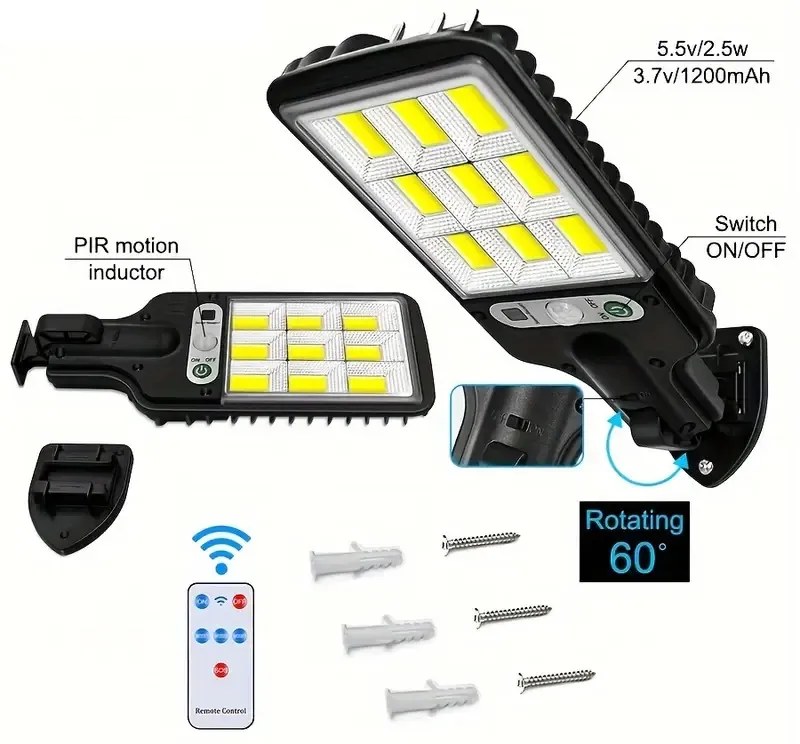 Napelemes LED fali lámpa mozgásérzékelővel 108COB