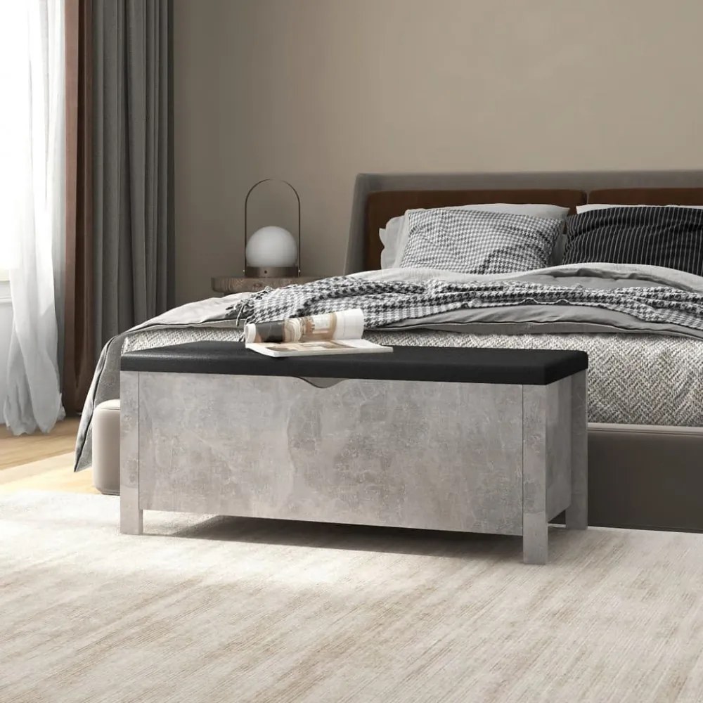 betonszürke szerelt fa tárolódoboz párnával 105 x 40 x 45 cm