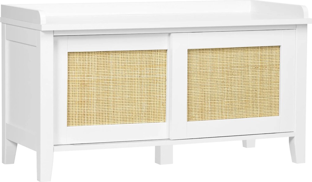 HOMCOM Cipőtartó Pad ülőhellyel, 2 Rattant Ajtó, Boho Stílus, Teherbírás 130 kg, Előszobába 80x35x45 cm, Fehér és Természetes | Aosom