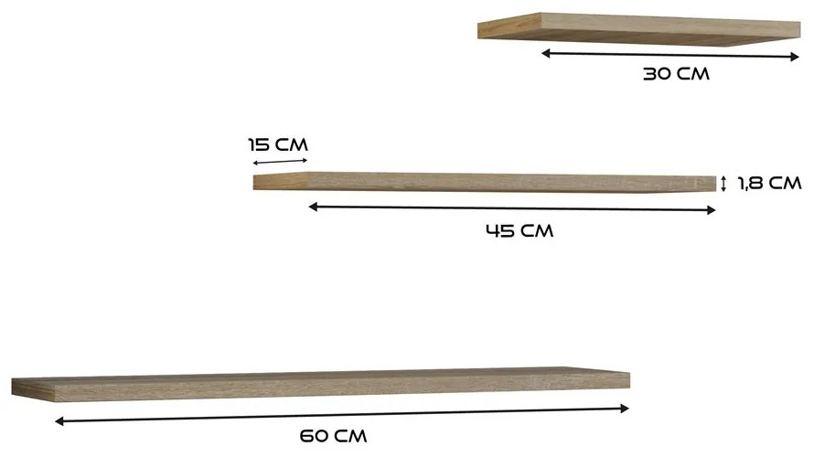 Odell Tobi 3P fali lebegőpolc (3db), 60x1.8x15 cm, sonoma