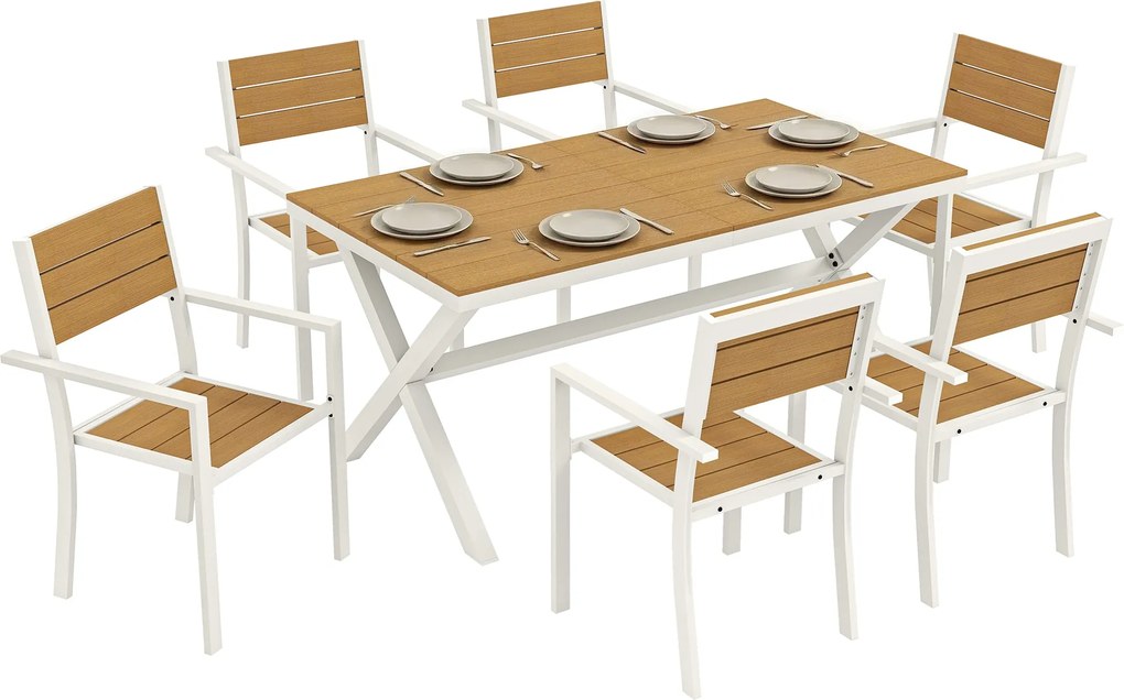 Outsunny 7 részes kültéri étkezőgarnitúra – téglalap asztal és 6 egymásra rakható szék, teakhatású műfa, alumínium váz, helytakarékos, időjárásálló |