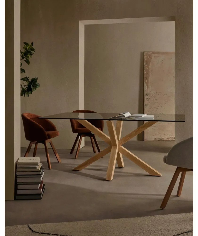 Üveg étkezőasztal természetes talpazattal, 160 x 90 cm - Kave Home