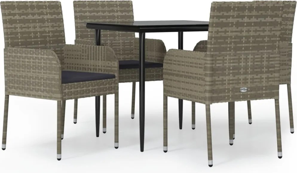 vidaXL 5 részes fekete és szürke polyrattan kerti étkezőszett párnával