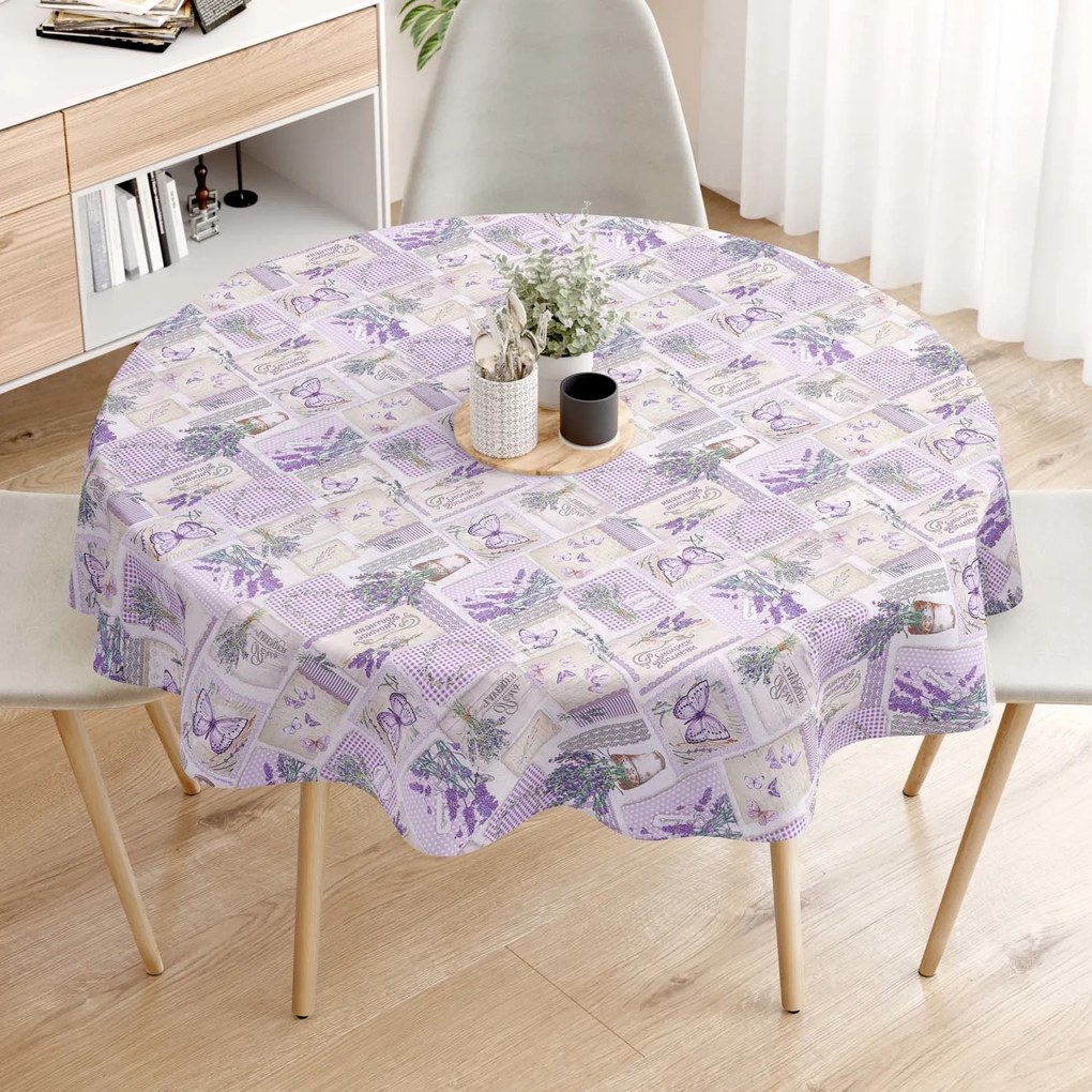 Goldea kör alakú pamut terítő - patchwork levandula és pillangó mintás Ø 150 cm