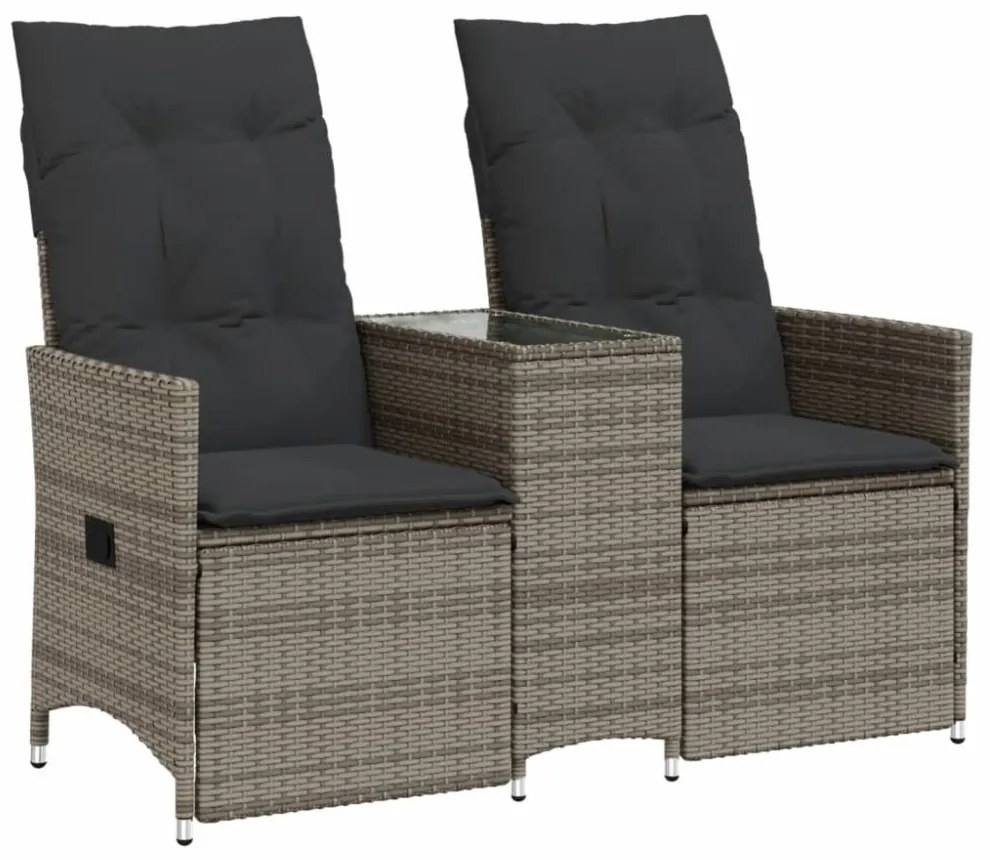 2 személyes szürke polyrattan dönthető kerti kanapé asztallal
