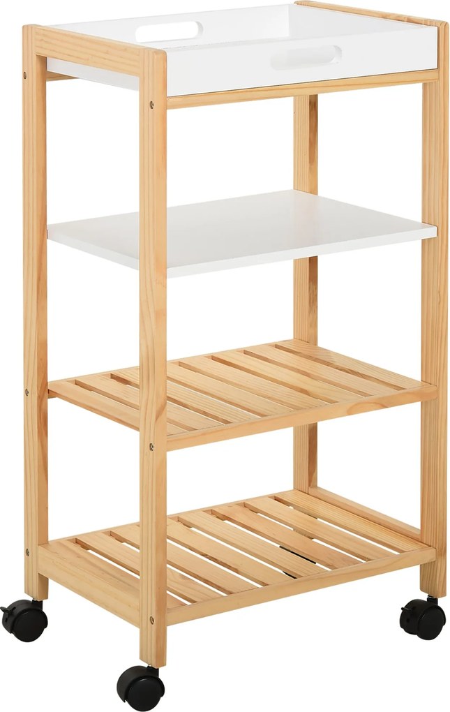 HOMCOM Konyhai Kocsi Háztartási Szolgáltató Kocsi 4 Szinttel, Kivehető Tálcával, Univerzális Kerekekkel 40x30x76 cm Fehér Fa | Aosom