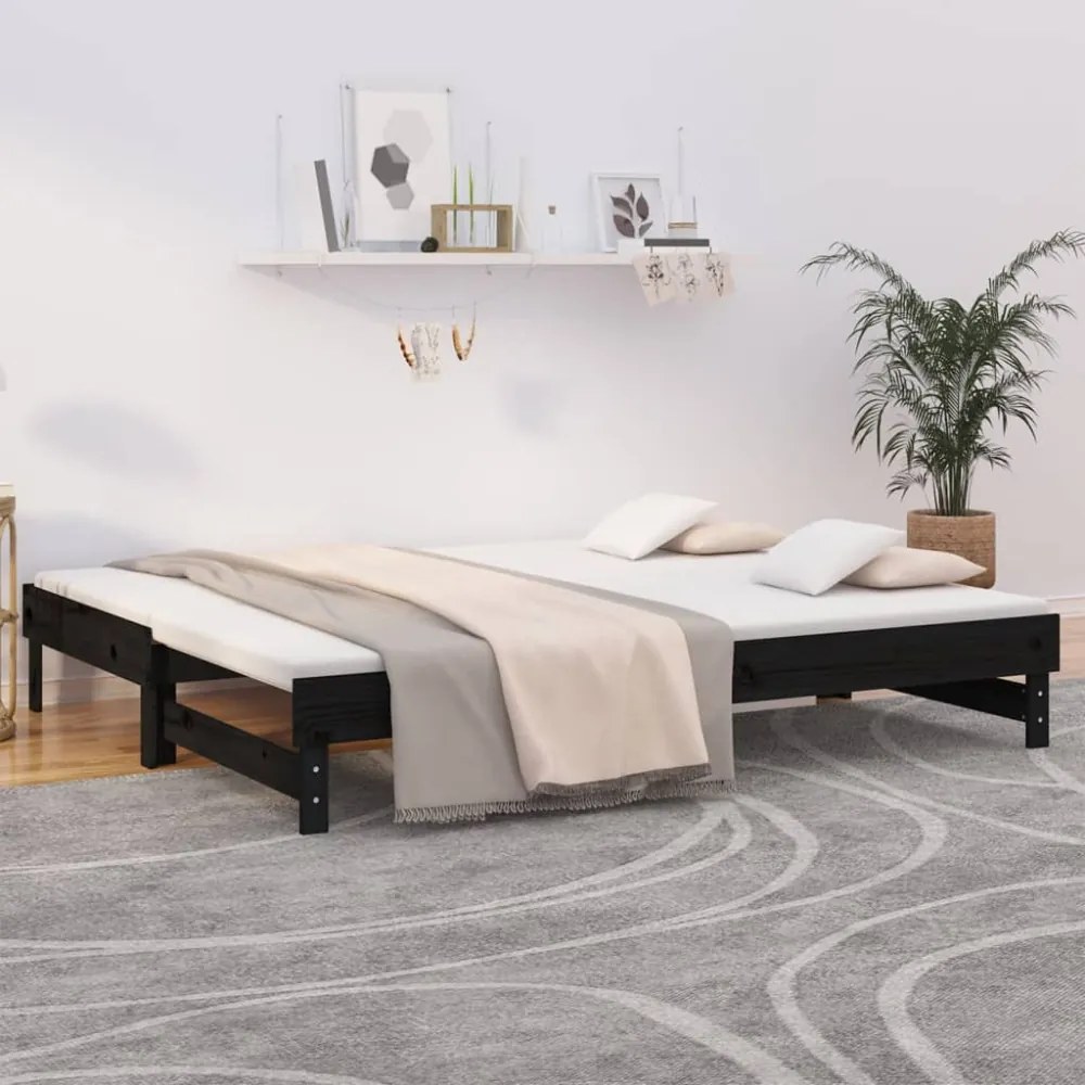 fekete tömör fenyőfa kihúzható kanapéágy 2x(100x200) cm