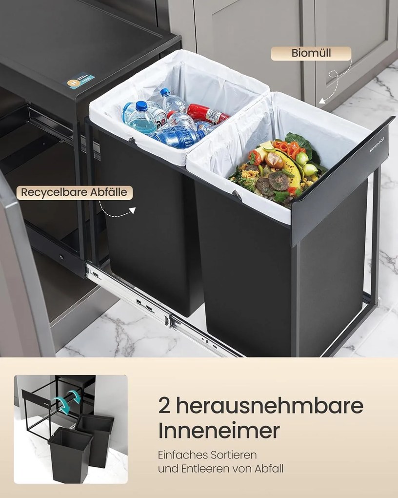 SONGMICS konyhai szelektív hulladékgyűjtő rendszer szekrénybe, 2 x 20 L, fekete